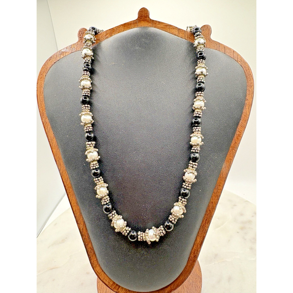 Black Onyx Freshwater Pearl Bali Sterling Silver Bead Necklace 16 Inch 43.5 g